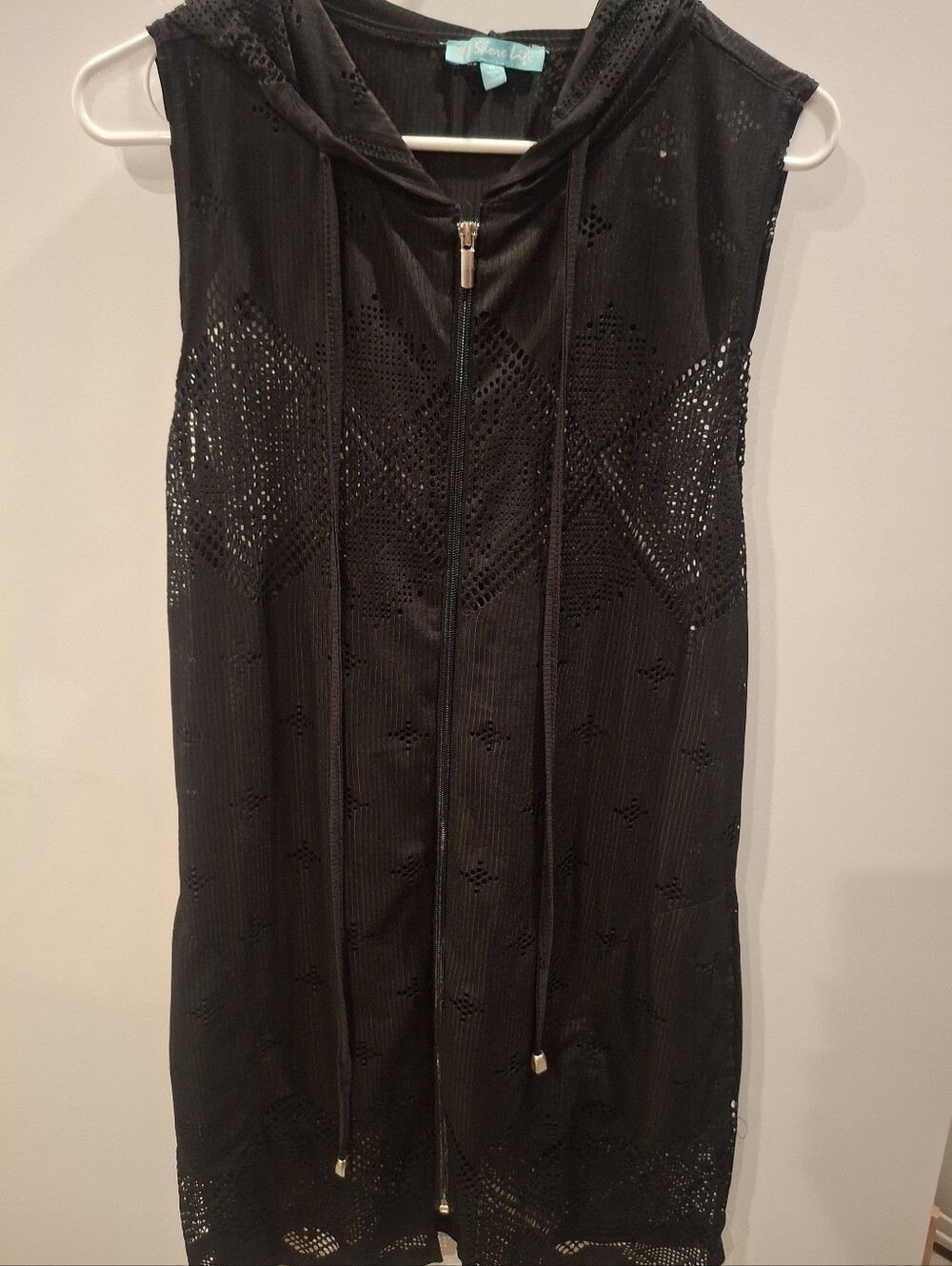 Sleeveless Hooded Zip-Up Crochet Vest - Black